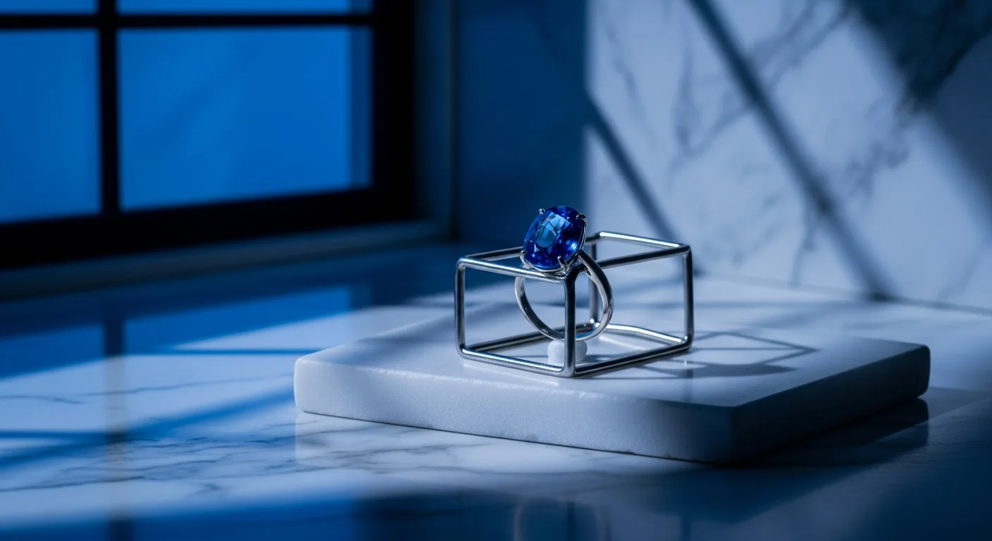 Bague en saphir bleu sertie sur or blanc présentée en vitrine